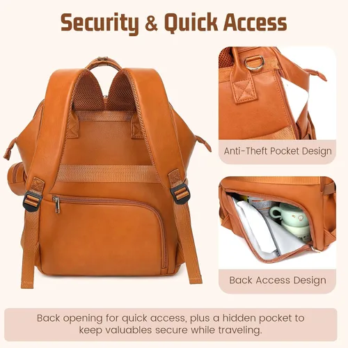Miniatura 4 de ROSEGIN Mochila para pañales de piel vegana prémium con cambiador impermeable - Costuras y cremalleras reforzadas, bolsa de bebé para niño y niña
