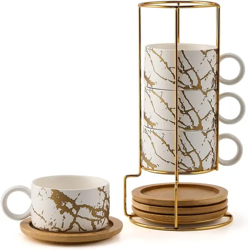 Miniatura 20 de LUKA - Juego de 4 tazas de café espresso apilables de cerámica con tablero de ajedrez en blanco y negro de 6 onzas, con platillos y soporte