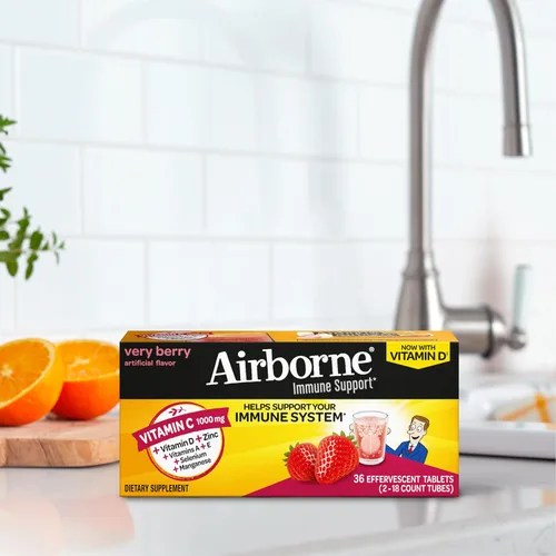 Miniatura 15 de Vitamina C 1000 mg (por porción), tabletas efervescentes Airborne Very Berry (36 unidades en una caja), suplemento de apoyo inmunológico sin gluten