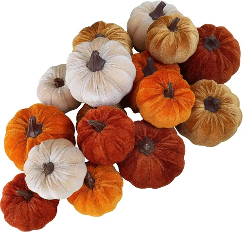 Miniatura 12 de Winlyn Juego de 16 calabazas de terciopelo sintético surtidas, decorativas, color verde azulado, verde, gris, marfil, calabazas de espuma de tela