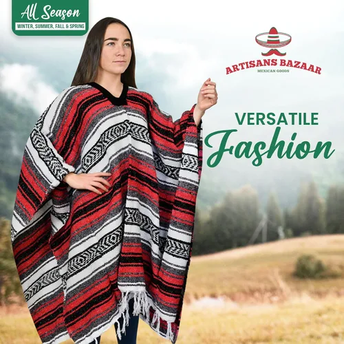 Miniatura 24 de Artisans Bazaar Poncho tradicional mexicano de Baja para hombres y mujeres, auténtico sarape de Gaban, manta de vaquero Pancho Jorongo
