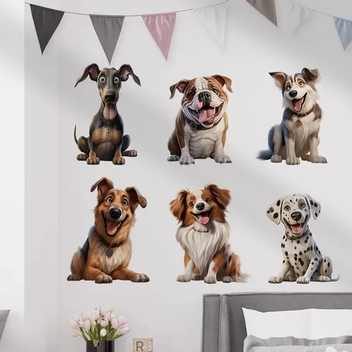 Miniatura 6 de Calcomanías de pared con diseño de seis razas de cachorros, calcomanías de pared de perros de dálmata, Husky Border Collie, Bulldog Francés