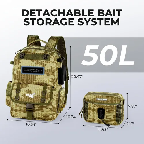 Miniatura 3 de KastKing BaitSpace 50L Mochila para equipo de pesca con encuadernador de cebo removible, 2 soportes para cañas, almacenamiento para equipo y H