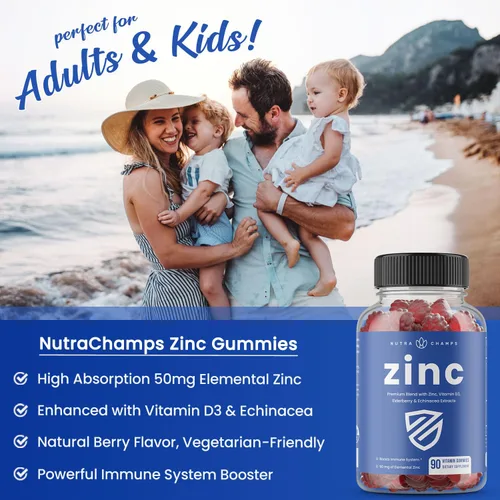 Miniatura 5 de NutraChamps Gomitas de zinc 4 en 1, 50 mg de suplemento de zinc masticable con vitamina D3 2000 UI, saúco y equinácea, apoyo inmunológico, cardíaco