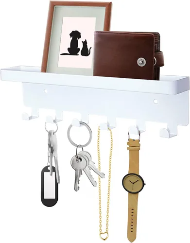 Miniatura 2 de GTK Soporte para llaves de pared, ganchos para llaves con bandeja y 6 ganchos, soporte para llaves montado en la pared para pasillo, estante