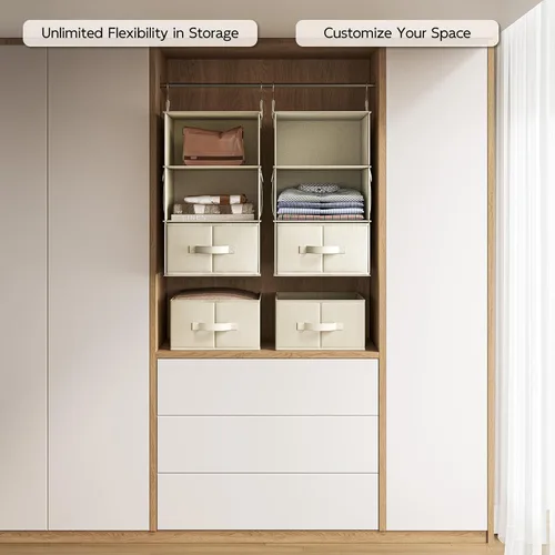 Miniatura 5 de Vailando Organizador de Armario Colgante de 3 Estantes, Juego de 2 Estantes Colgantes con 2 Cajones para Vestidor, Guardería, Almacenamiento y Beige