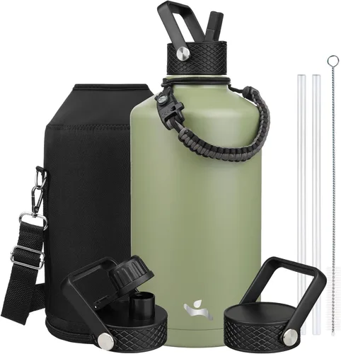 Miniatura 68 de Konokyo - Botella de agua aislada de 18 onzas, botellas deportivas de acero inoxidable con 3 tapas, verde militar