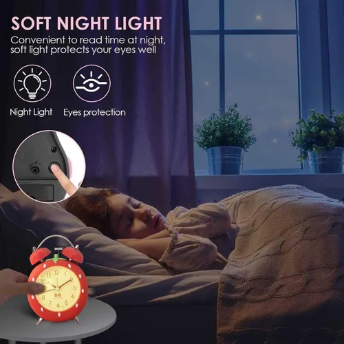 Miniatura 6 de Bonito reloj despertador de fresa de 4 pulgadas para personas que duermen con luz de fondo, reloj despertador de campana doble ruidosa para niños
