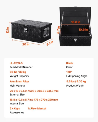 Miniatura 7 de VEVOR Caja de Herramientas de Aluminio Resistente para Cama de Camión, Caja de Herramientas con Placa Estriada con Mango Lateral y Llaves