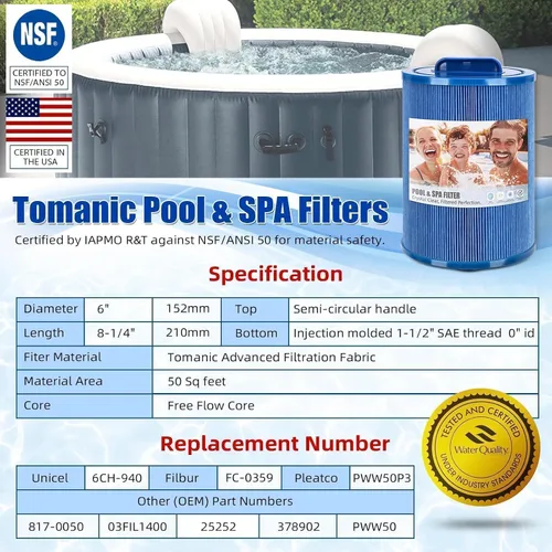 Miniatura 3 de Filtro de spa 6CH-940 reemplaza el filtro de repuesto PWW50P3 Filbur FC-0359, jacuzzis Aber 03FIL1400, Waterway 817-0050 PWW50 certificado con NSF50