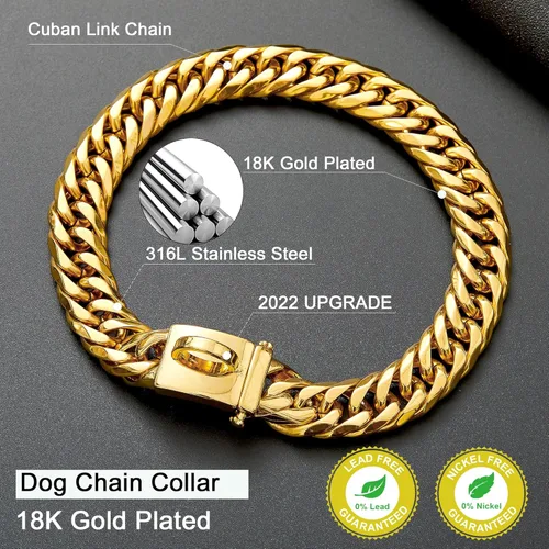 Miniatura 3 de Collar de perro de cadena de oro de 0.630 in, collar de perro de eslabones cubanos de oro de 18 quilates con hebilla de cierre seguro, cadena dorada