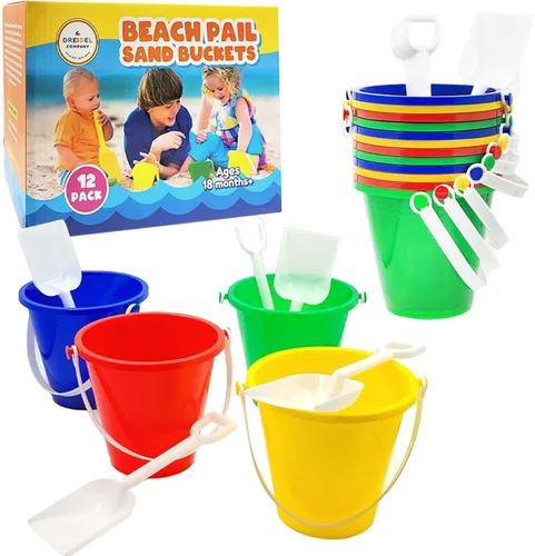The Dreidel Company Juego de juego para el día de playa (paquete de 12) cubo de arena de 5.25 pulgadas, caja incluida, cubo y pala de juguete de