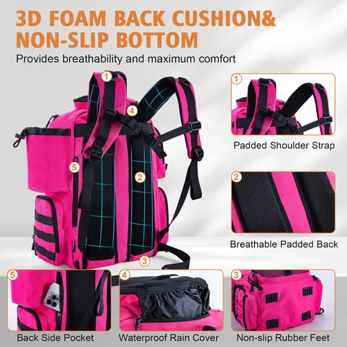 Miniatura 4 de Mochila de pesca Goture, mochila de equipo de pesca resistente al agua de 900D con soportes para cañas, bolsa de equipo de pesca de gran Rosa