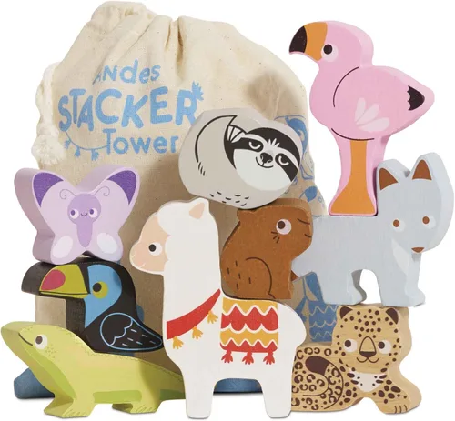 Le Toy Van - Apilador y bolsa de madera de los Andes - Apilador y bolsa de bloques de construcción de bosque Petilou - Juguete educativo de