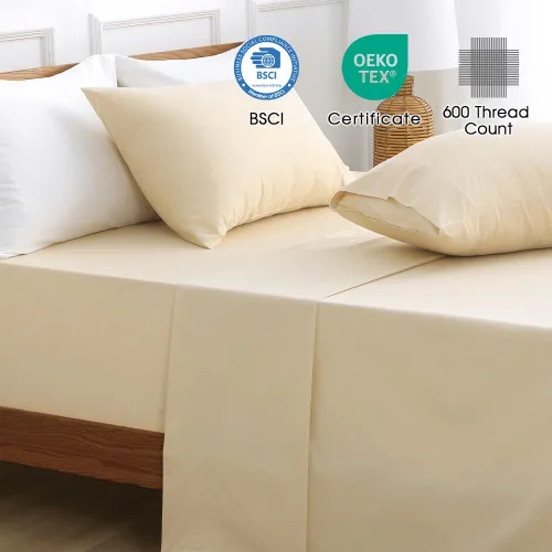 Miniatura 3 de HYPREST Sábanas de algodón tamaño King, sábans de bolsillo profundo de 18 pulgadas para hotel de lujo suave beige - 600 hilos