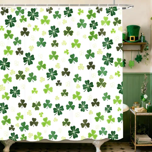 Miniatura 9 de MEHOFOND Cortina de ducha del día de San Patricio, cortina de baño de trébol irlandés, trébol de la suerte negro y verde, a cuadros, decoración