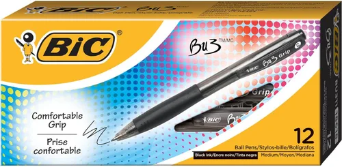 BIC BU3 Grip - Bolígrafo retráctil, punta media (0.039 pulgadas), negro, bolígrafo negro para escuela y oficina, 12 unidades