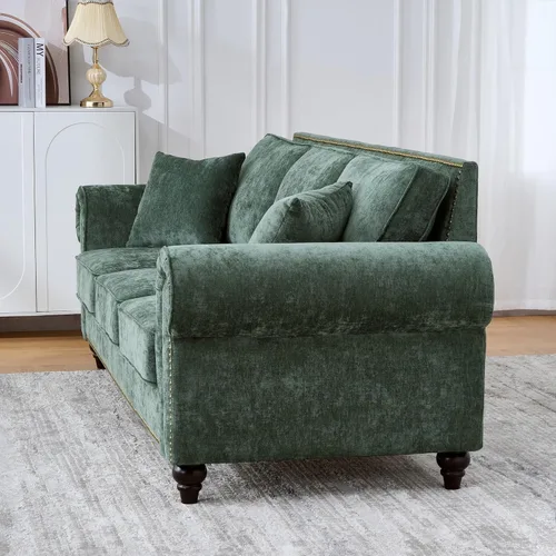 Miniatura 7 de Juego de sofá moderno y sofá biplaza Chesterfield de chenilla de lujo, cómodo juego de sofá tapizado con asiento profundo con reposabrazos Verde