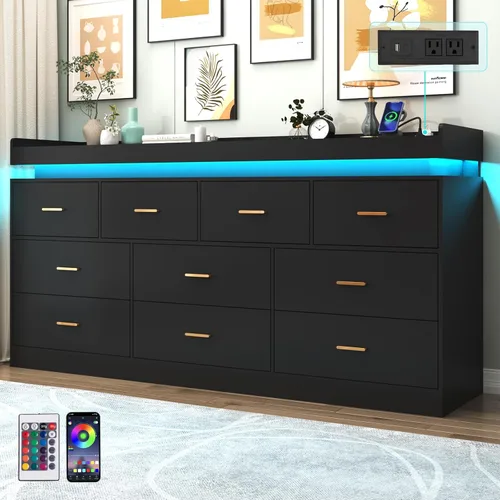 Miniatura 11 de Hlivelood Cómoda de 8 cajones con luz LED y estación de carga, cómoda moderna para armario, armario organizador de cajones anchos para dormitorio