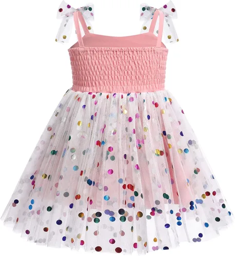 Miniatura 4 de IMEKIS Vestido de princesa de cumpleaños para niña pequeña, confeti brillante, bohemio, arcoíris, cake smash, sesión de fotos, conjunto para 1-6T
