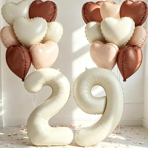 Miniatura 12 de Globos de 40 pulgadas color crema número 10, 17 piezas de globos de helio grandes con globos de corazón neutros crema nude caramelo beige marrón