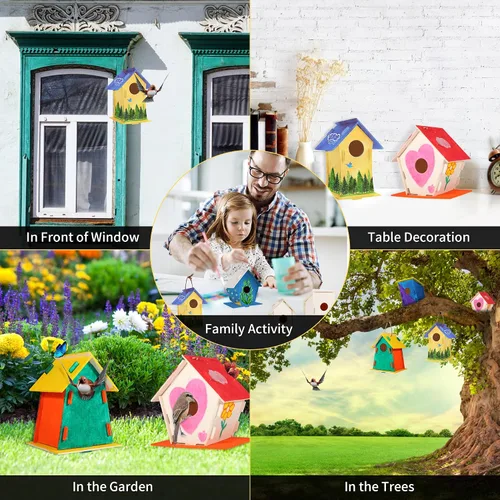 Miniatura 7 de ILHSTY Paquete de 18 casas de pájaros de madera grandes pintables para niños, manualidades para niños, casas de madera para manualidades, fiestas