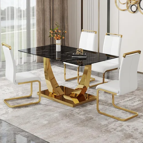 Miniatura 15 de Juego de mesa de comedor de 63 pulgadas para 4, juego de mesa de comedor dorado moderno para 4, juego de mesa de cocina de mármol sintético con negro