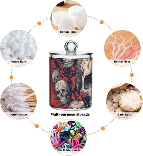 Miniatura 4 de Vnurnrn Qtip - Dispensador de bolas de algodón con tapa, estampado de corazones y calaveras, tarros de plástico, recipientes de baño, organizador