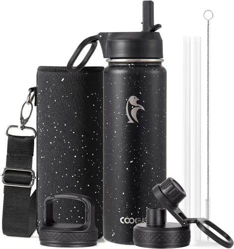 Miniatura 88 de Coolflask Botella de agua de 20 onzas aislada con pajilla, 3 tapas de metal de acero inoxidable, botella de agua de boca ancha para deportes u