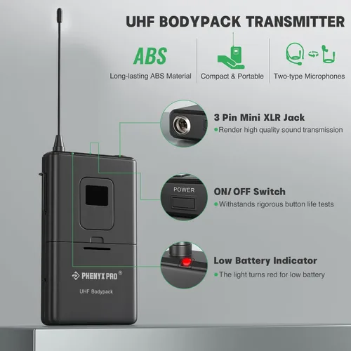 Miniatura 4 de Phenyx Pro Transmisor inalámbrico Bodypack, micrófono inalámbrico BodyPack de 561.6 MHz UHF con patrón cardioide, frecuencia fija, rango de 260