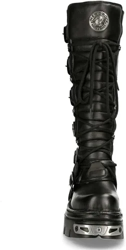 Miniatura 4 de New Rock Botas altas góticas Emo de cuero negro metálico 272-S1 para hombre con cierre de encaje y hebilla