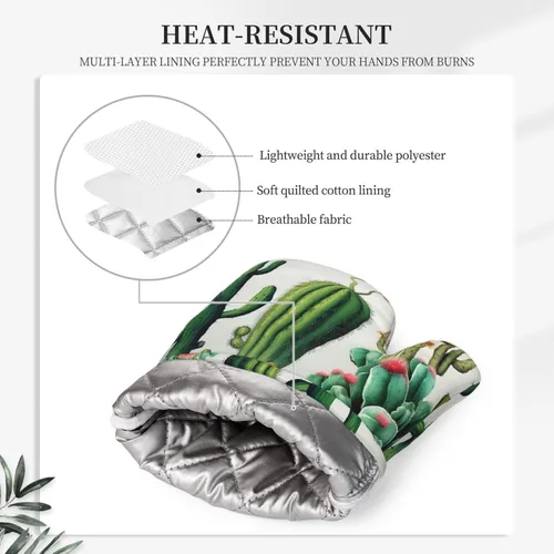 Miniatura 4 de Juego de manoplas de horno de cactus y soportes para ollas, guantes de horno de silicona resistentes al calor para cocinar, guantes de horno