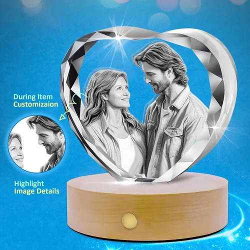 Miniatura 2 de Corazón de fotos de cristal 3D, regalo personalizado para el día de San Valentín, aniversario, cumpleaños, parejas, vidrio grabado con láser 3D