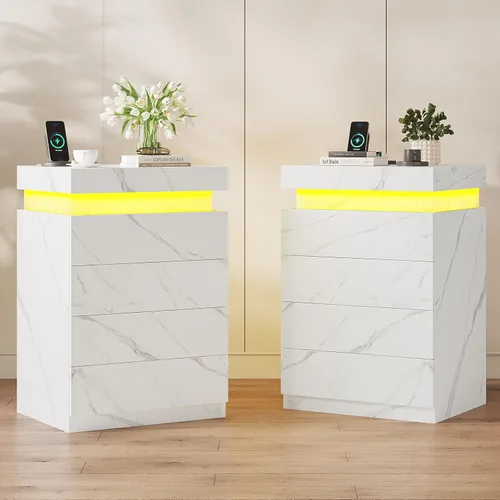 Miniatura 10 de ADORNEVE - Mesita de noche negra con cajones y luces LED, mesita alta con parte superior deslizable, mesa de cabecera con estación de carga, mesa