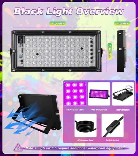 Miniatura 6 de Luz LED Negra de 50W IP66 Impermeable, Luz de Inundación Negra para Exteriores con Enchufe+Interruptor+Cable, para Halloween Neón que Brilla