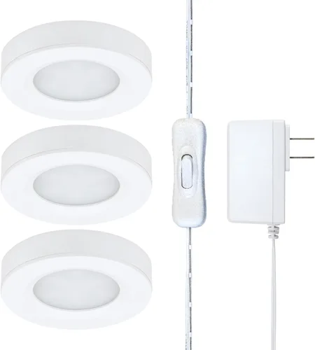 Kit de iluminación LED para debajo del gabinete con 3 luces LED de disco blanco cálido de 3000 K, interruptor de encendido/apagado y enchufe