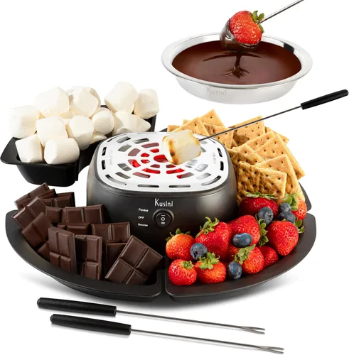 Kusini Juego de fondue eléctrico 2 en 1 y kit de mesa para interiores con bandejas extraíbles y 4 brochetas, olla para derretir chocolate Smores