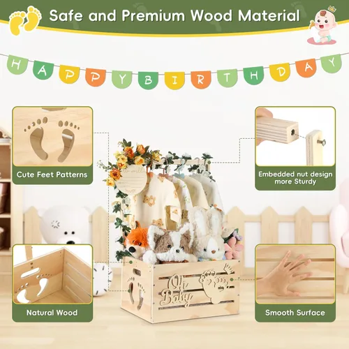 Miniatura 5 de Gran Caja de Madera para Baby Shower, Cesta Personalizable para Baby Shower con Asa y Guirnalda, Caja de Madera para Recién Nacida Niña o Niño