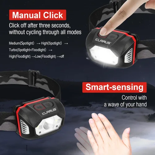 Miniatura 3 de klarus HM1 IPX6 - Linterna frontal recargable impermeable con sensor de movimiento, batería de 70 horas de duración, carga completa en 2.5 horas