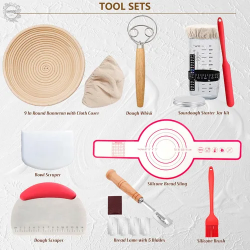 Miniatura 8 de Kit completo de iniciador de masa madre, canasta de fermentación de pan Banneton con frasco de vidrio para iniciador de masa madre, suministros