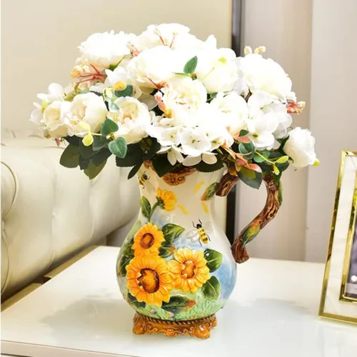 Miniatura 2 de Jarra de agua grande de cerámica, pintada a mano, girasol y abeja, decoración del hogar de 8.7 pulgadas de alto, ramo de agujero (amarillo)
