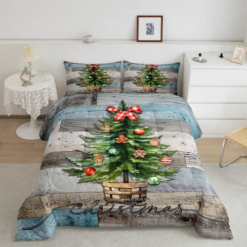 Miniatura 39 de Juego de edredón de Feliz Navidad para niños, tamaño twin, juego de ropa de cama de camión rojo árboles de pino copos de nieve, decoración
