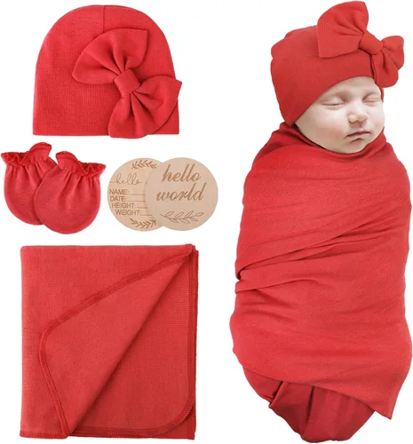 Miniatura 21 de AQOKKA Manta de Recepción para Recién Nacido con Gorro de Lazo Mitones Juego de Tarjetas de Madera para Recién Nacidos Niños Pequeños Bebé Niño Niña