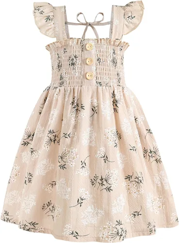 JEELLIGULAR Vestido de mezclilla sin mangas con volantes y botones para niñas pequeñas, vestido de verano para playa, casual, acampanado, vestido de