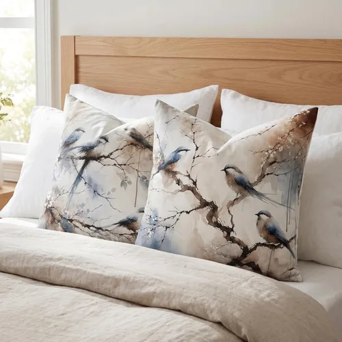 Miniatura 4 de Juego de 2 fundas de almohada decorativas de terciopelo de 18 x 18 pulgadas, estampado de pájaros y ramas en acuarela, felpa suave con acento neutro