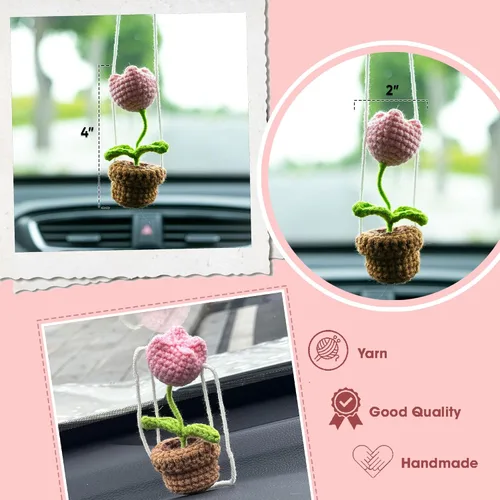 Miniatura 2 de Tulip - Adorno de ganchillo hecho a mano para automóvil, bonita flor de tulipán rosa, flor en maceta, cesta bohemia de punto para espejo retrovisor