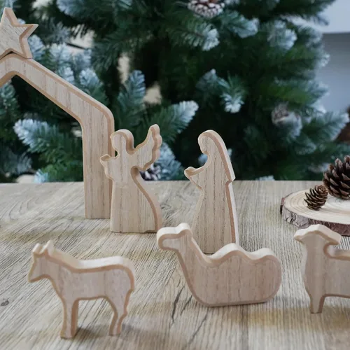 Miniatura 5 de NEROSUN - Juego de escenas de la Natividad, 13 figuras de madera en miniatura de la Sagrada Familia y el pesebre, figuras minimalistas, bohemias