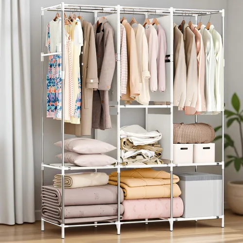 Miniatura 7 de BAOKALER Armario portátil para colgar ropa de 67 pulgadas de ancho, gran capacidad, armario portátil con tapa, estantes de almacenamiento y 3