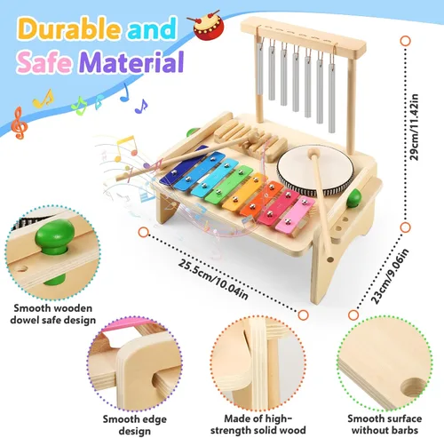 Miniatura 4 de Juego de batería para niños, instrumento musical para bebés, xilófono de madera para niños pequeños con juego de batería para bebé y campanilla