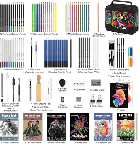 Miniatura 6 de 109 Juego de dibujo y kit de bocetos Pro Art Supplies con lápices fluorescentes, de colores, acuarela, metálicos, grafito, carbón, 5 cuadernos